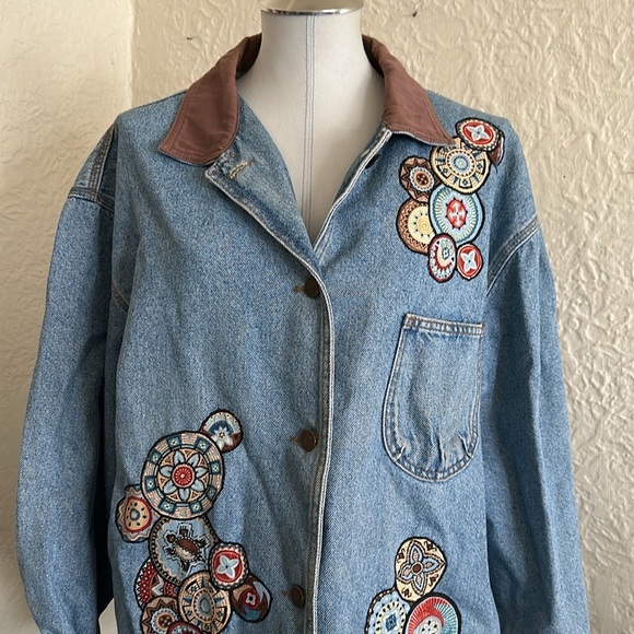 Vintage Sunbelt Denim Jacket Light Wash Embroidered Circular Embroidered Details - Picture 2 of 9
